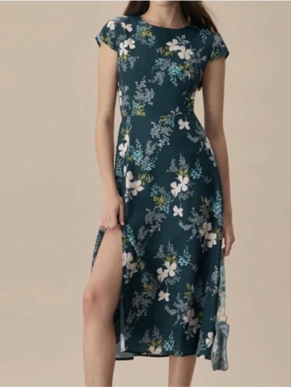 Floral Cap-Sleeve Teal Midi Dress with Side Slit